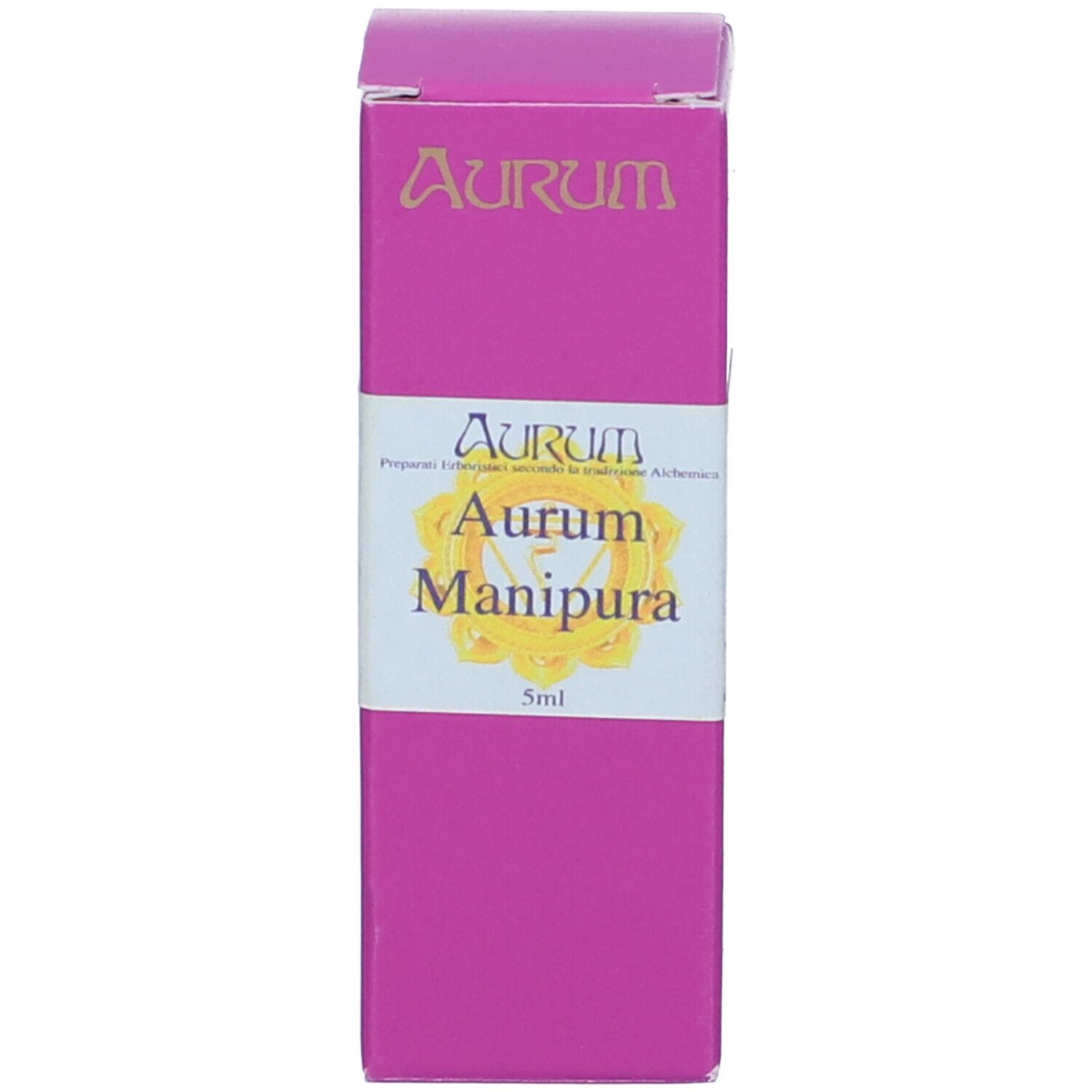 Confezione rosa con testo: Aurum Manipura 5ml. Illustrazione del flacone. Informazioni del produttore.