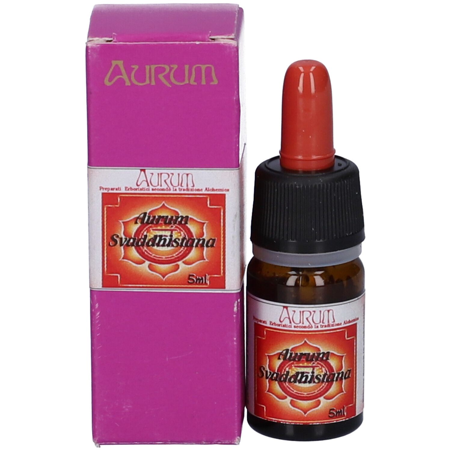 Flacone e scatola con etichetta del prodotto. Etichetta con nome e marchio del prodotto. Scatola rosa, flacone marrone con contagocce rosso.