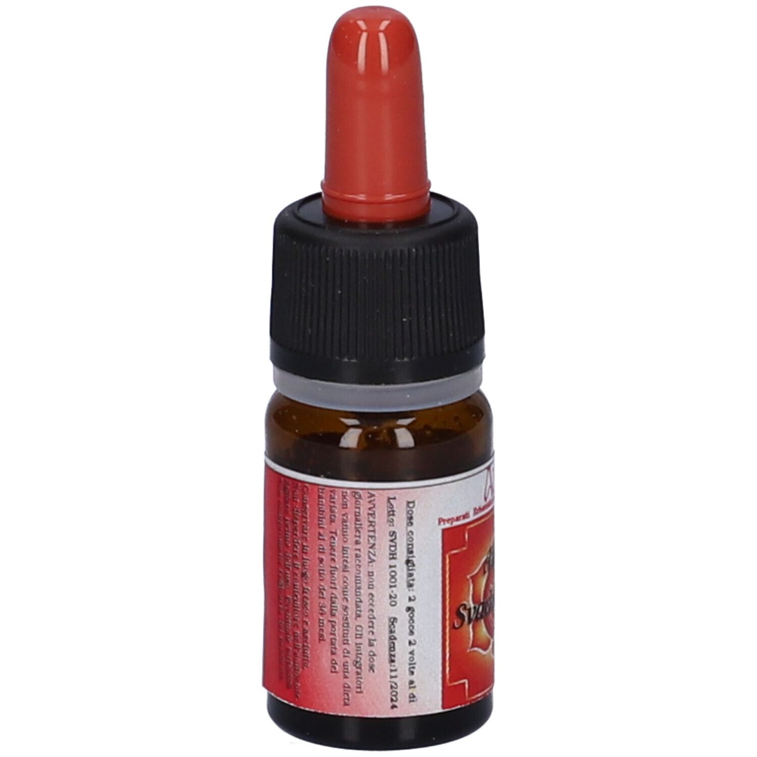 Flacone di vetro marrone con tappo nero e contagocce rosso. Etichetta del prodotto con testo. Primo piano.