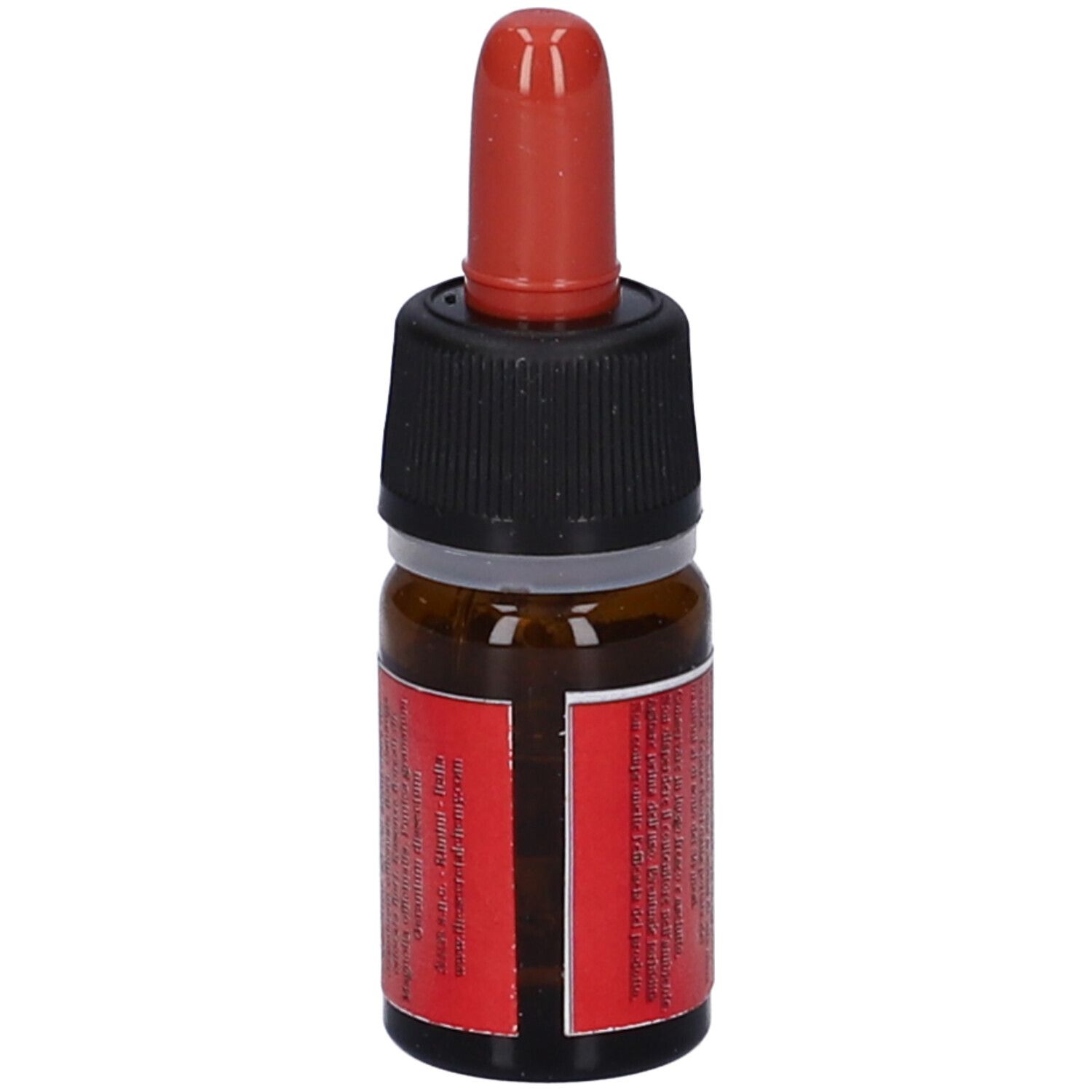 Flacone di vetro marrone con tappo nero e contagocce rosso. Etichetta del prodotto con testo. Primo piano.