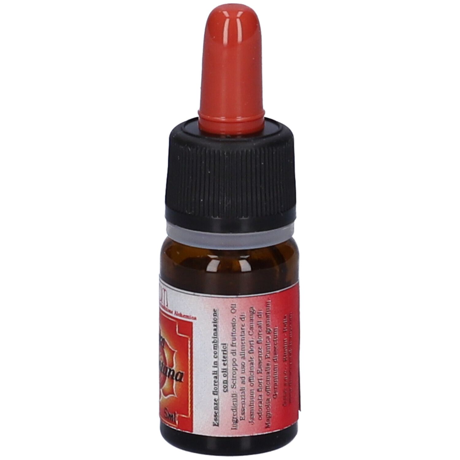Flacone di vetro marrone con tappo nero e contagocce rosso. Etichetta del prodotto con testo. Primo piano.