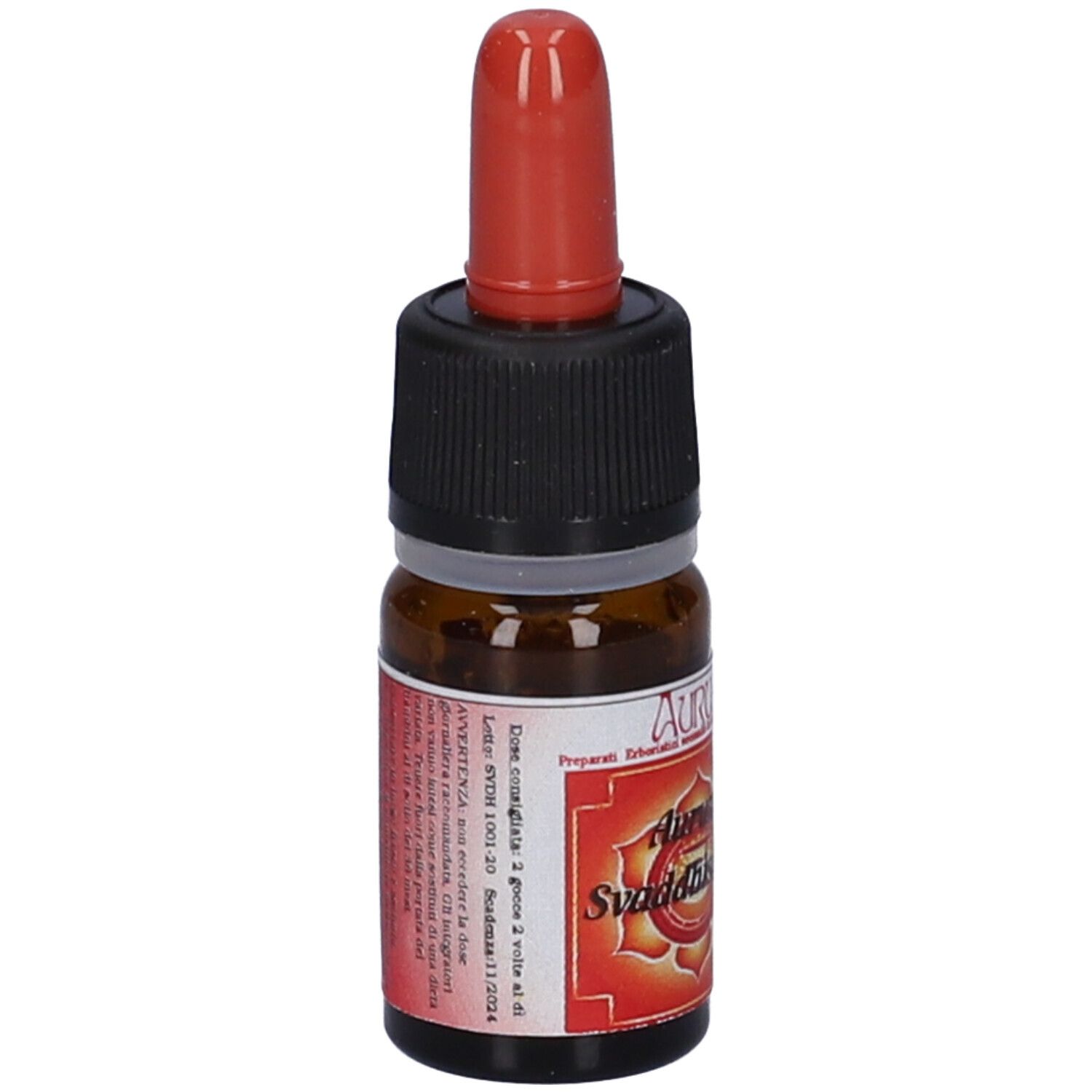 Flacone di vetro marrone con tappo nero e contagocce rosso. Etichetta del prodotto con testo. Primo piano.