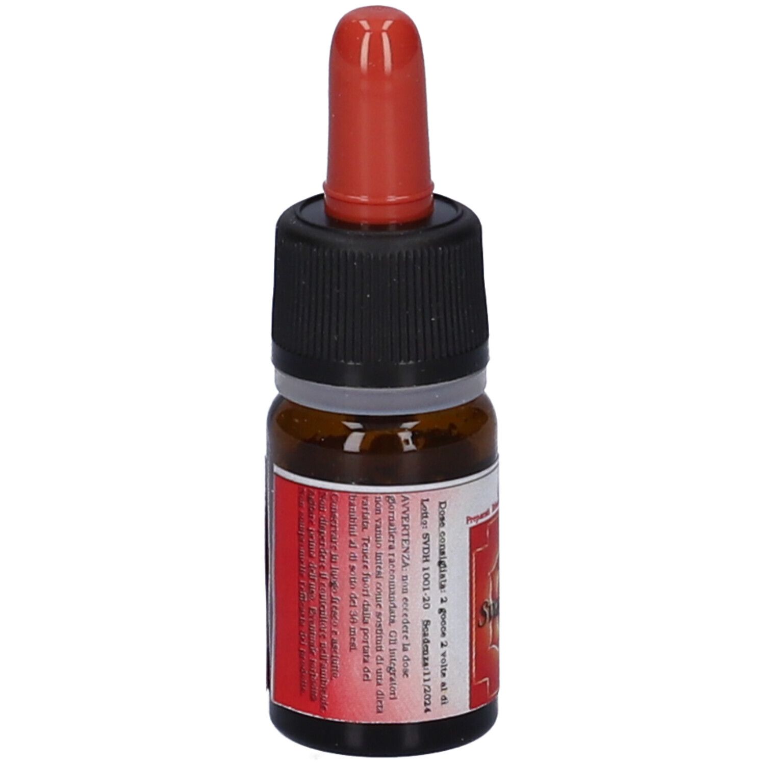 Flacone di vetro marrone con tappo nero e contagocce rosso. Etichetta del prodotto con testo. Primo piano.