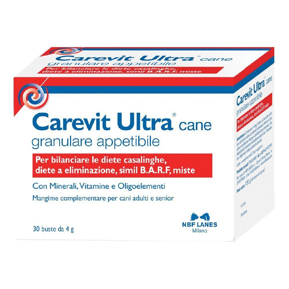 Scatola Carevit Ultra cane, 30 buste da 4 g. Con minerali, vitamine e oligoelementi. Per cani.
