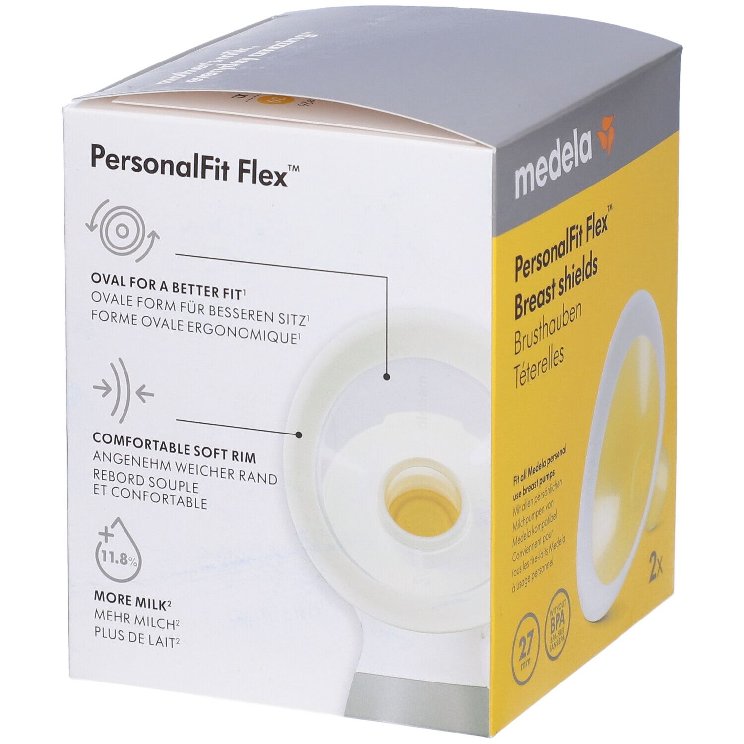 Confezione di coppe per il seno. Caratteristiche: forma ovale, bordo morbido, più latte. Marchio: Medela, prodotto: PersonalFit Flex.