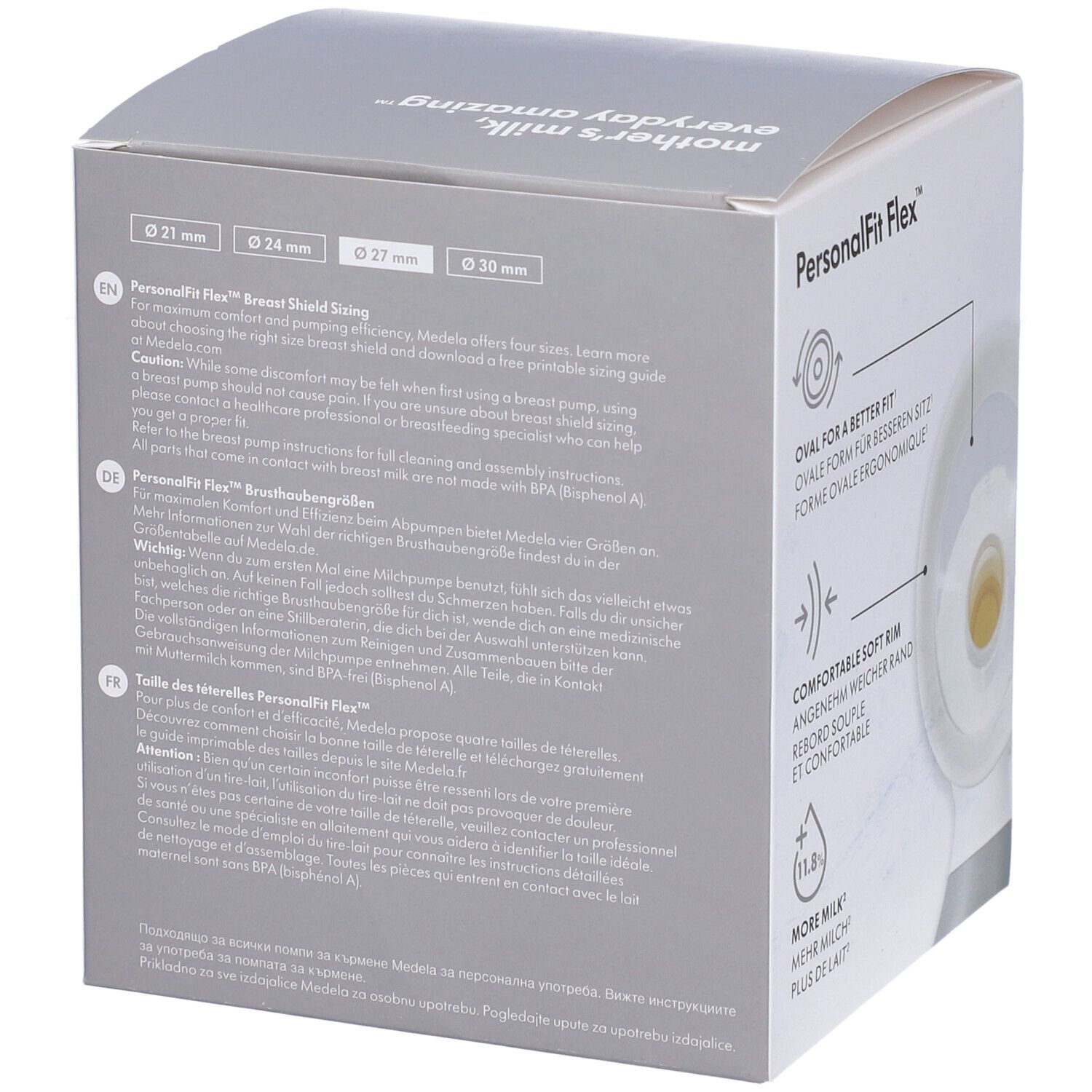 Confezione di coppe per il seno. Retro con informazioni sul prodotto e indicazioni delle taglie. Marchio: Medela, prodotto: PersonalFit Flex.