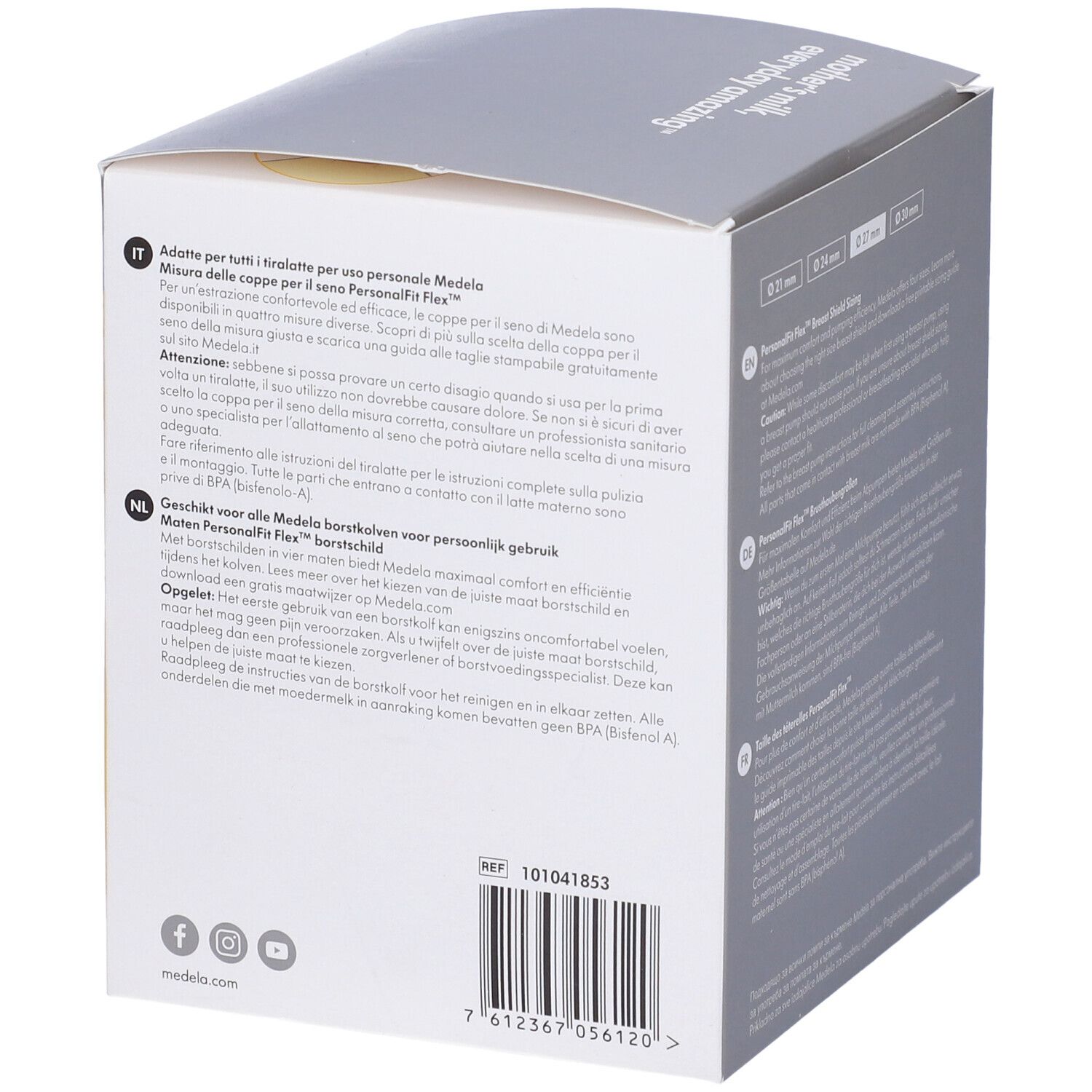 Confezione di coppe per il seno. Retro con informazioni sul prodotto e codice a barre. Marchio: Medela, prodotto: PersonalFit Flex.