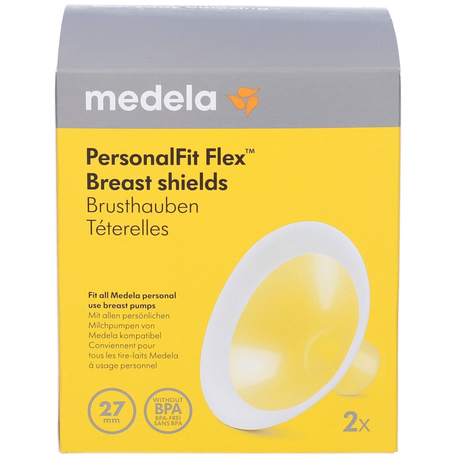 Confezione di coppe per il seno. Coppa gialla e bianca, 27 mm, 2 pezzi. Marchio: Medela, prodotto: PersonalFit Flex.