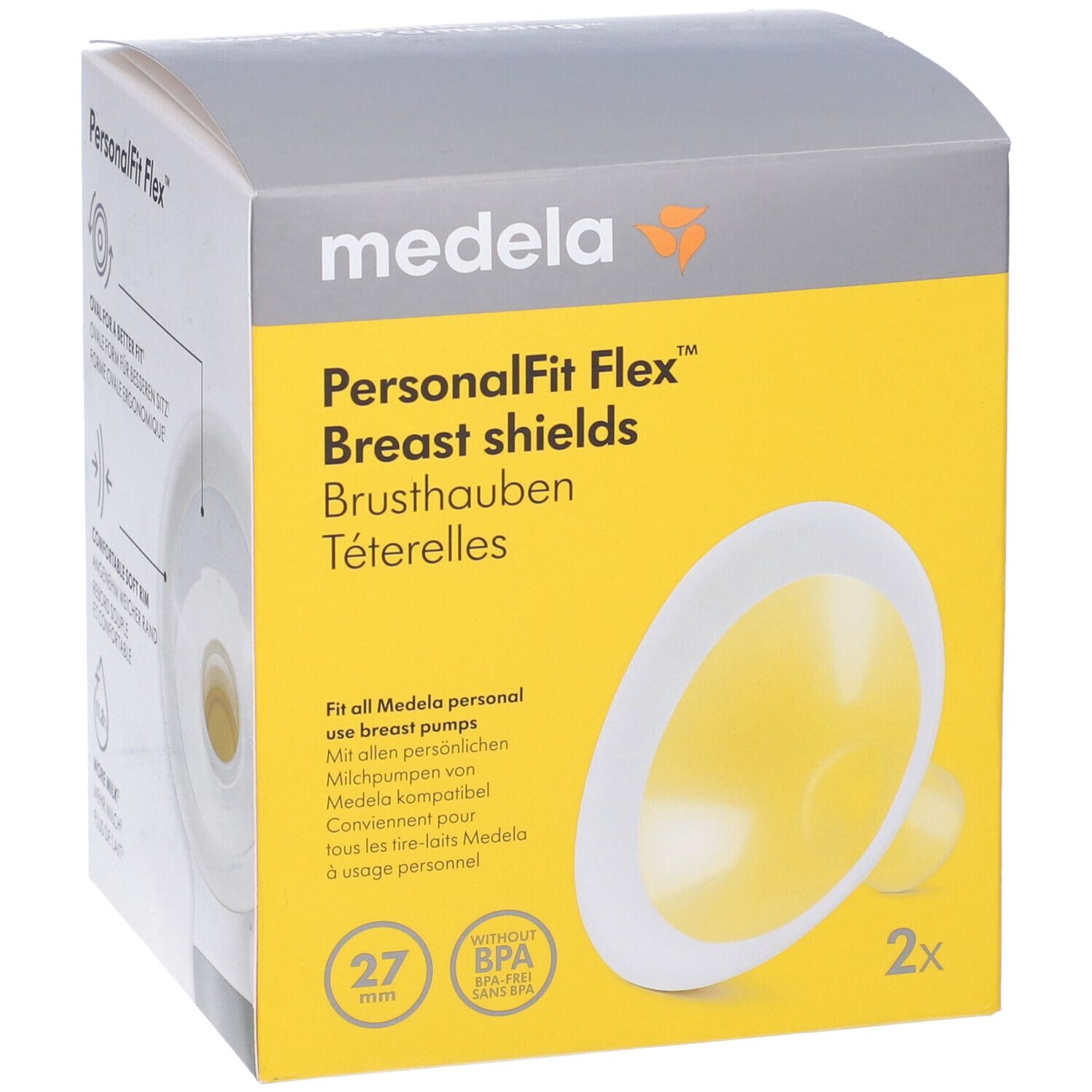 Confezione di coppe per il seno. Coppa gialla e bianca, 27 mm, 2 pezzi. Marchio: Medela, prodotto: PersonalFit Flex.