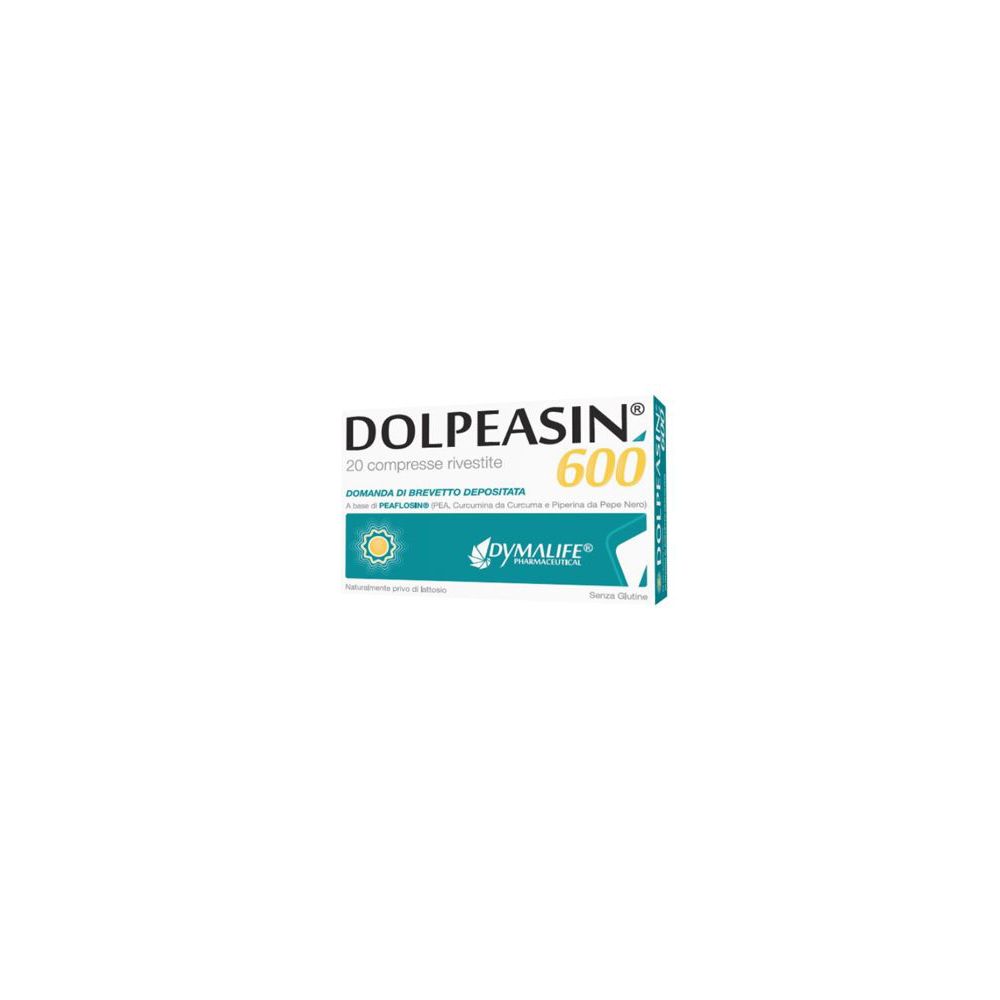 Scatola di Dolpeasin 600, 20 compresse rivestite. Bianco, blu e giallo. Testo: Dolpeasin 600, 20 compresse rivestite.