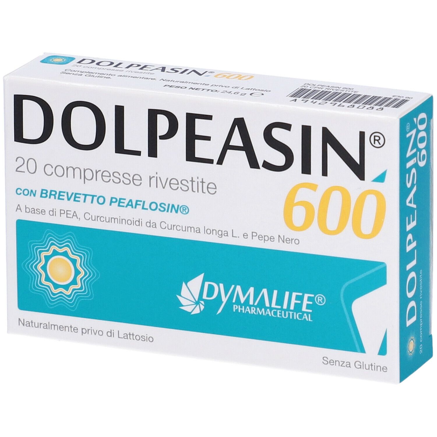 Scatola Dolpeasin 600, 20 compresse. Bianco, blu, giallo. Testo: Dolpeasin 600, 20 compresse rivestite, con brevetto Peaflosina.