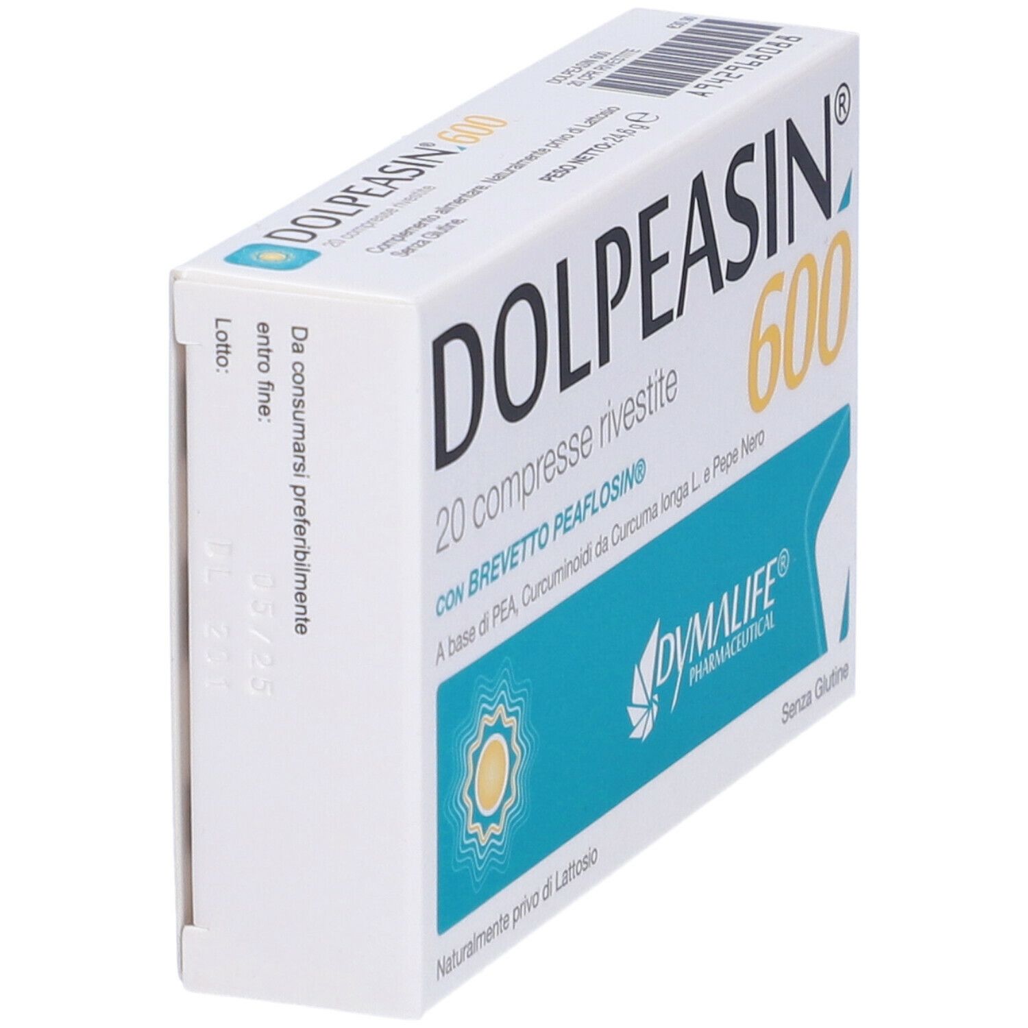 Scatola Dolpeasin 600, 20 compresse. Bianco, blu, giallo. Testo: Dolpeasin 600, 20 compresse rivestite, con brevetto Peaflosina.
