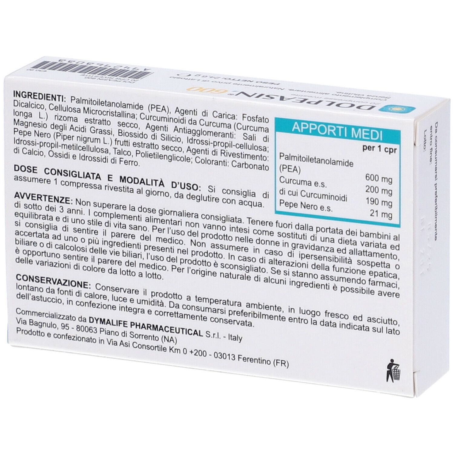 Scatola Dolpeasin 600, 20 compresse. Bianco, blu, giallo. Testo: Dolpeasin 600, 20 compresse rivestite, con brevetto Peaflosina.
