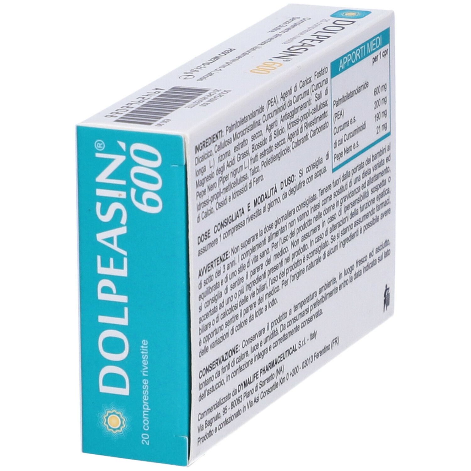 Retro della scatola Dolpeasin 600. Testo: Ingredienti, dosaggio, avvertenze. Tabella dei valori nutrizionali.