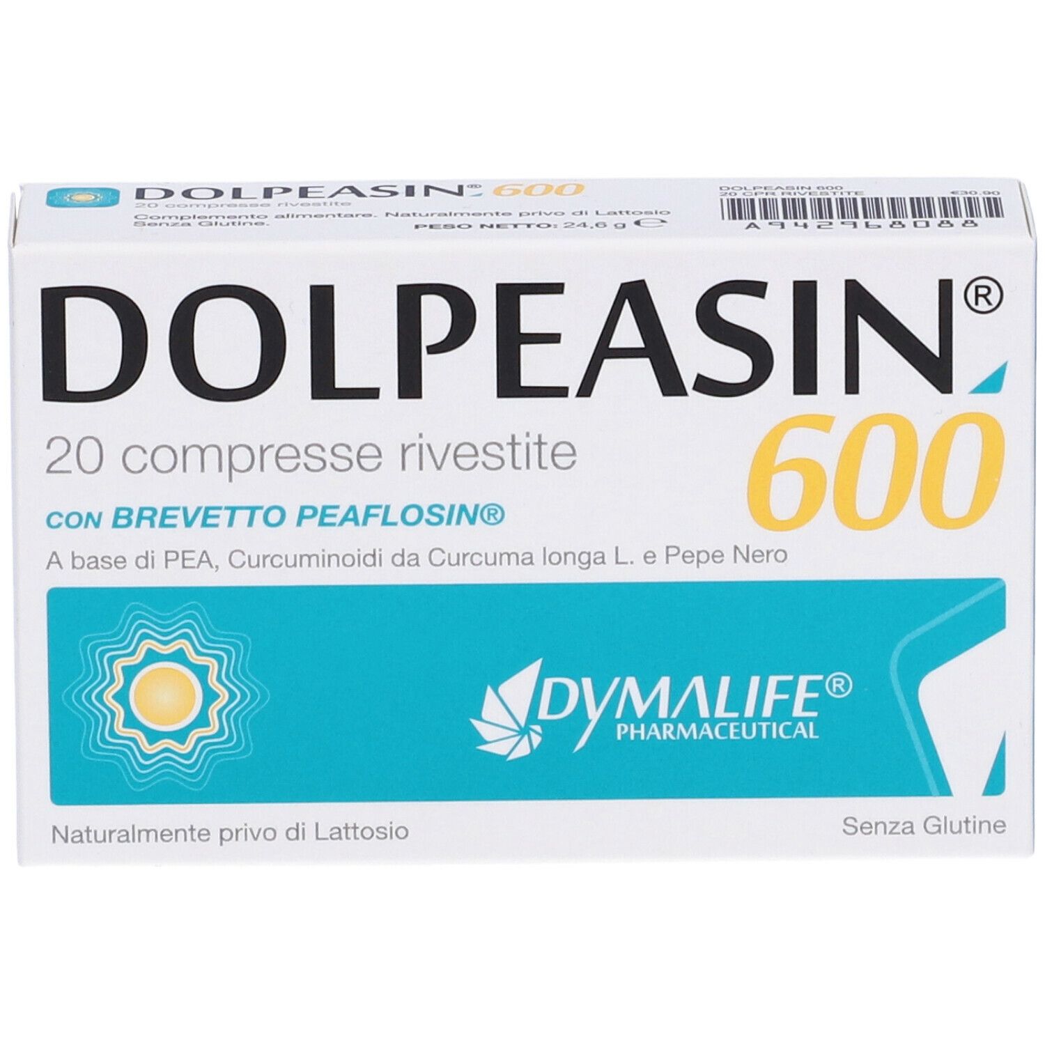 Scatola Dolpeasin 600, 20 compresse. Bianco, blu, giallo. Testo: Dolpeasin 600, 20 compresse rivestite, con brevetto Peaflosina.