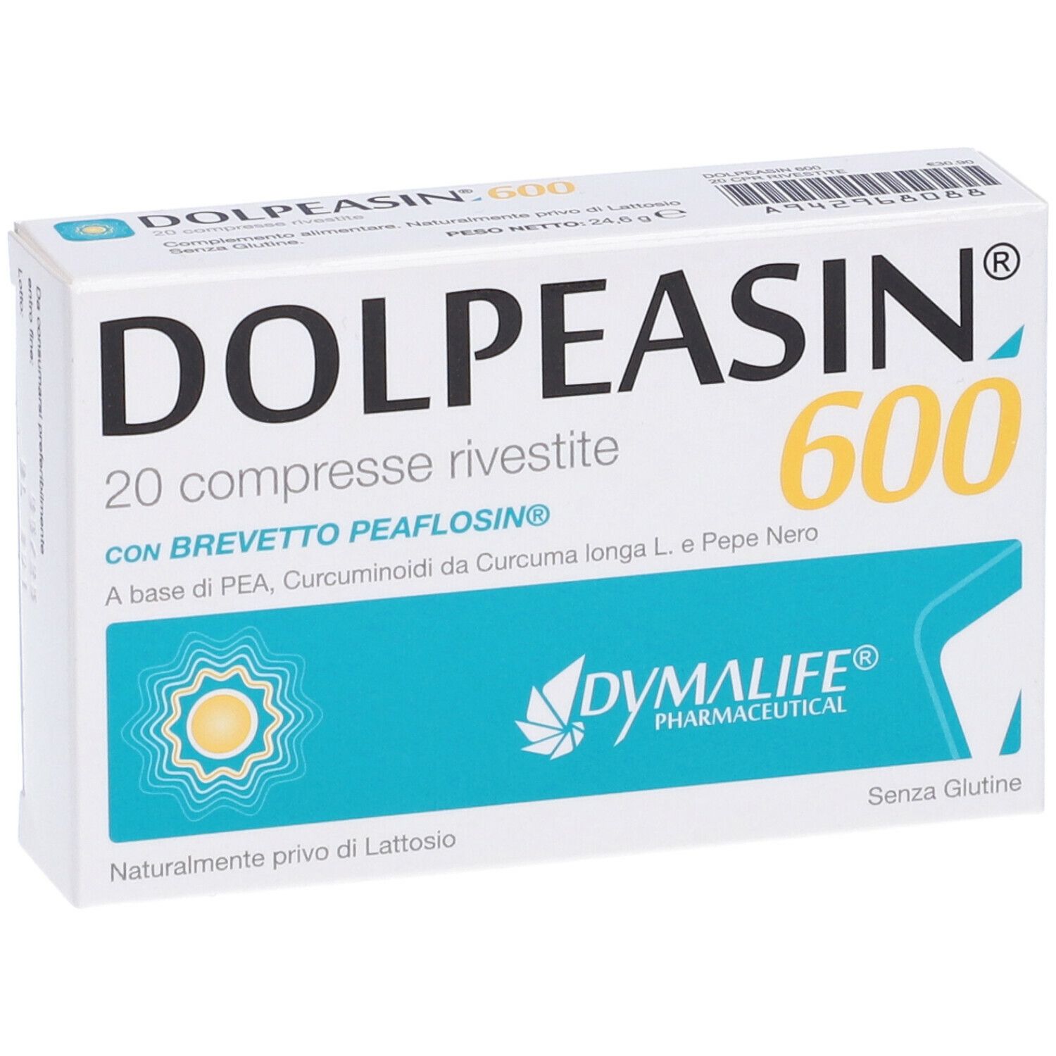 Scatola Dolpeasin 600, 20 compresse. Bianco, blu, giallo. Testo: Dolpeasin 600, 20 compresse rivestite, con brevetto Peaflosina.