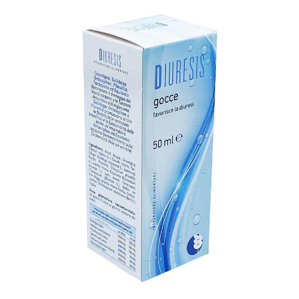 Scatola bianca con informazioni sul prodotto. Scritto: Diuresis, gocce, 50 ml.