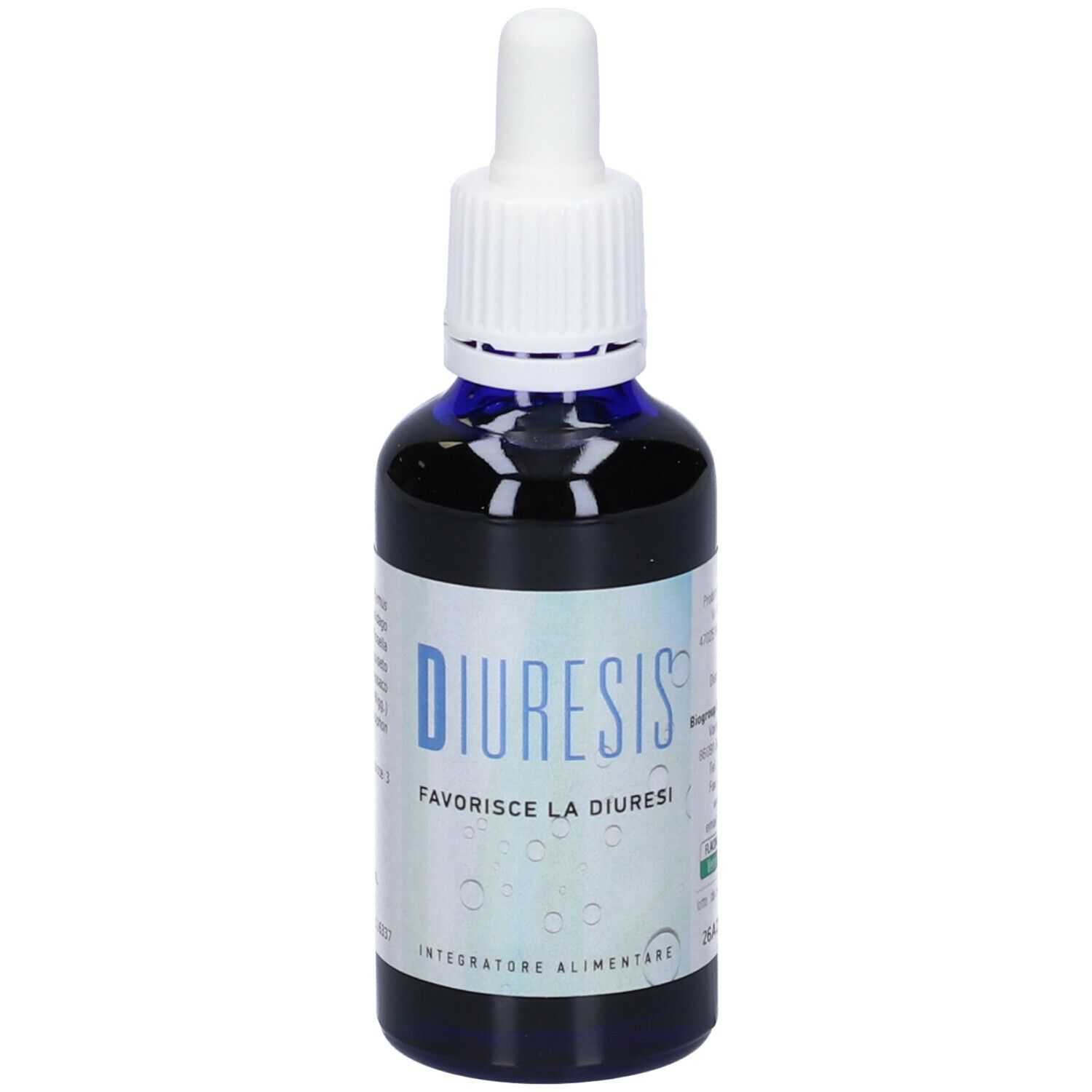 Flacone di vetro marrone con contagocce bianco. Scritto: Diuresis, favorisce la diuresi.