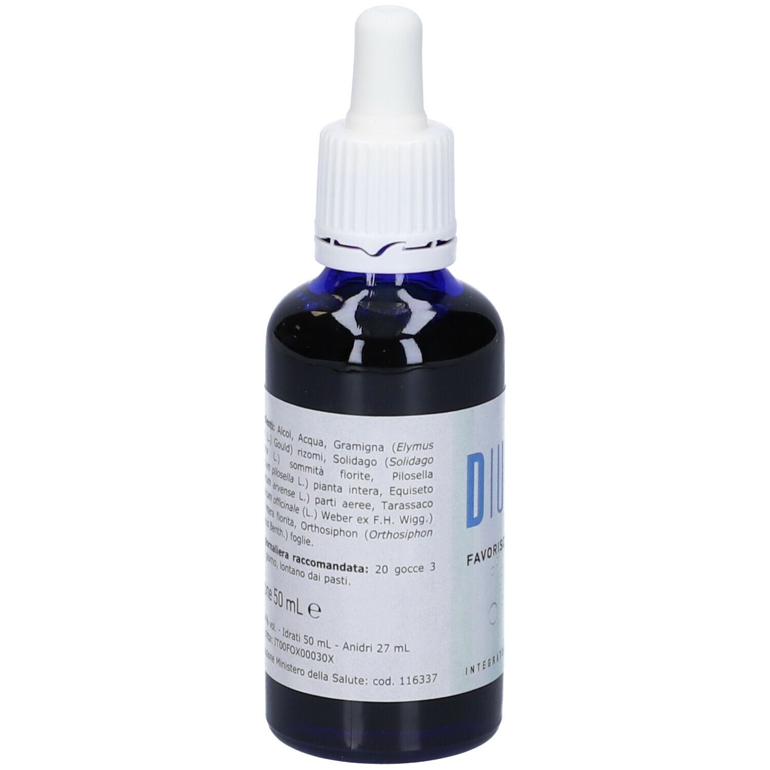 Flacone di vetro marrone con contagocce bianco. Scritto: Diuresis, favorisce la diuresi. Etichetta con ingredienti.