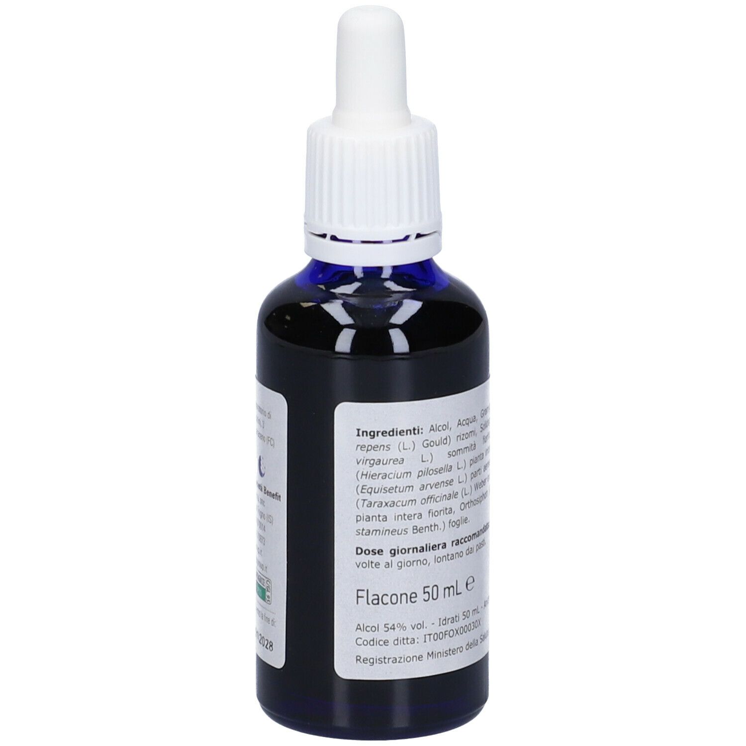 Flacone di vetro marrone con contagocce bianco. Scritto: Diuresis, favorisce la diuresi. Etichetta con ingredienti.