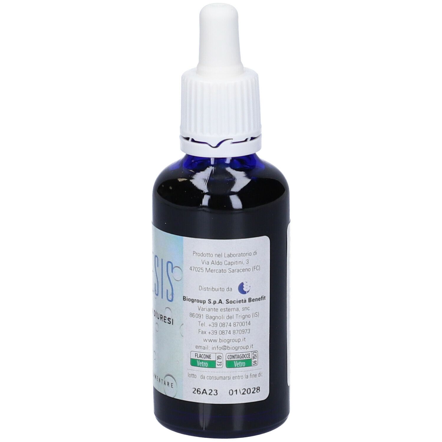 Flacone di vetro marrone con contagocce bianco. Scritto: Diuresis, favorisce la diuresi. Etichetta con ingredienti.
