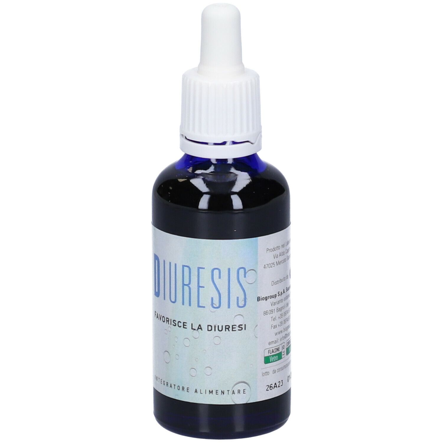 Flacone di vetro marrone con contagocce bianco. Scritto: Diuresis, favorisce la diuresi. Etichetta con ingredienti.
