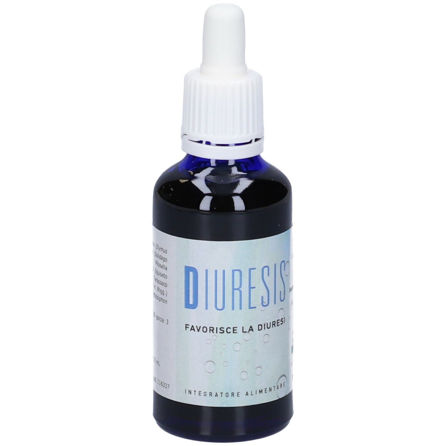 Flacone di vetro marrone con contagocce bianco. Scritto: Diuresis, favorisce la diuresi. Etichetta con ingredienti.