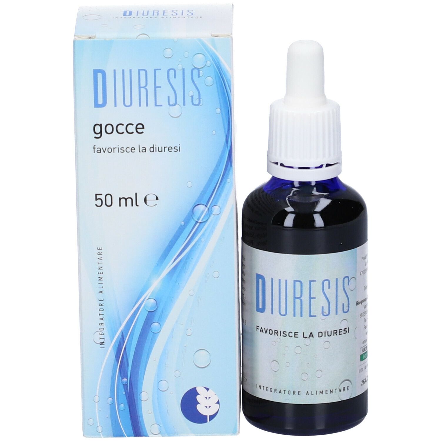 Flacone e scatola del prodotto. Scritto: Diuresis, gocce, 50 ml. Con contagocce.