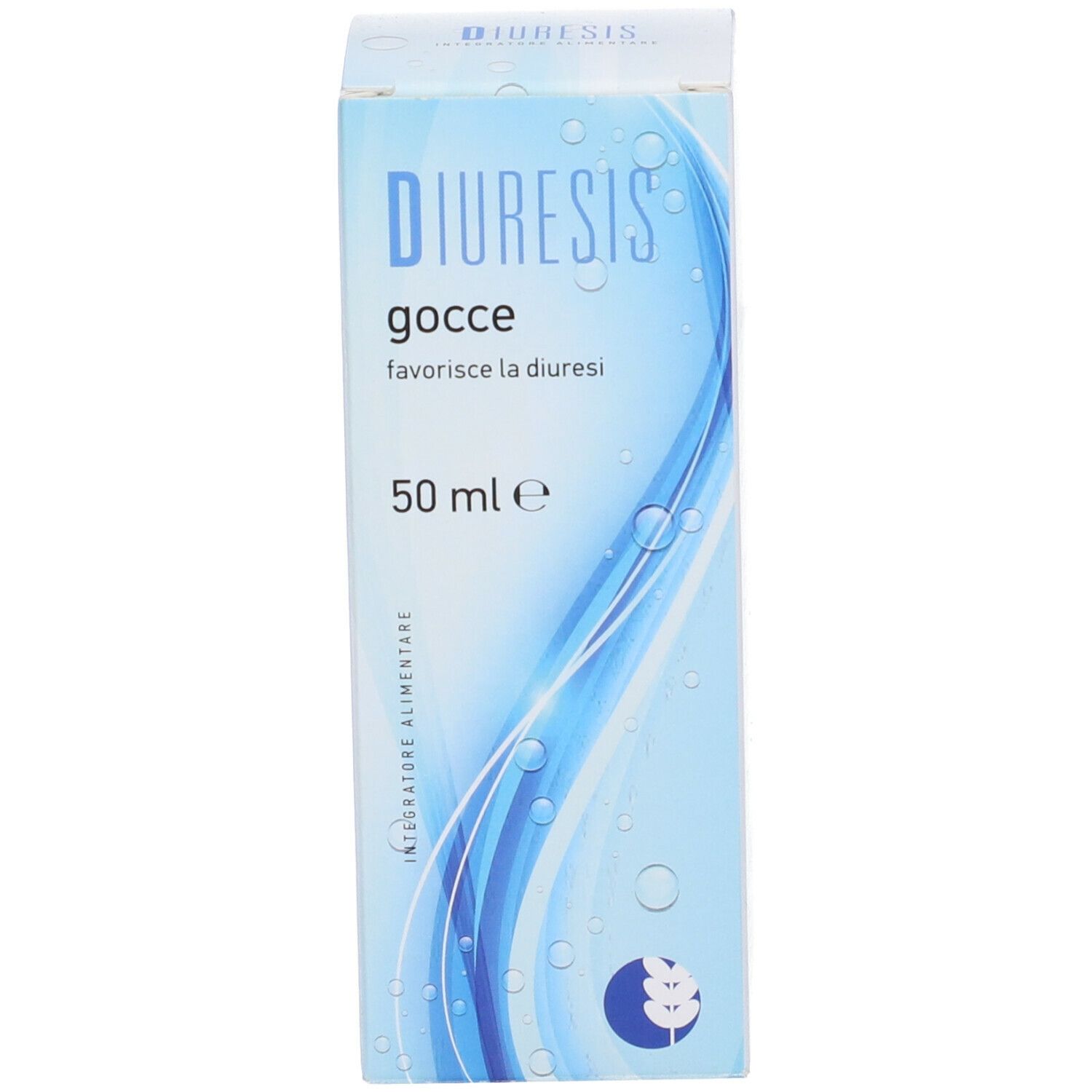 Scatola azzurra con informazioni sul prodotto. Scritto: Diuresis, gocce, 50 ml.