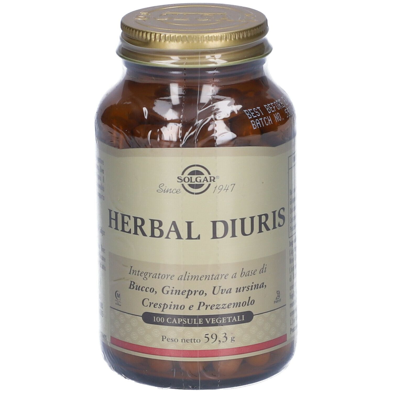 Flacone di vetro marrone con tappo dorato. Etichetta "SOLGAR Herbal Diuris". Contiene 100 capsule, 59,3 g.