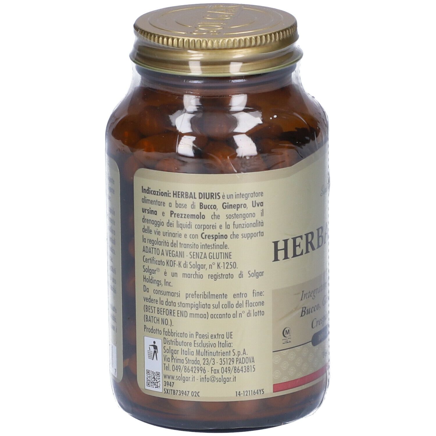 Retro di un flacone di vetro marrone. Etichetta con informazioni su "HERBAL DIURIS". Testo in italiano.