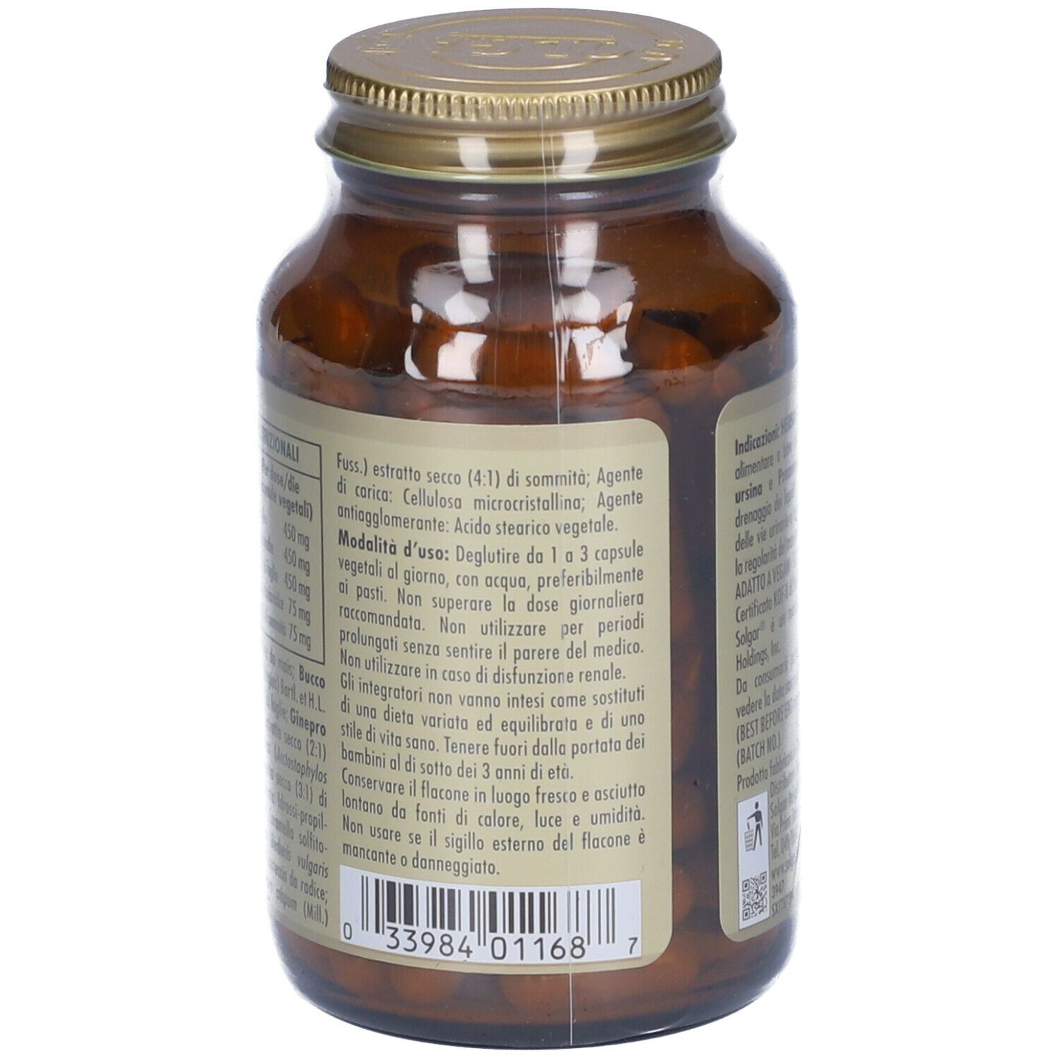 Retro di un flacone di vetro marrone. Etichetta con informazioni su "HERBAL DIURIS". Testo in italiano.
