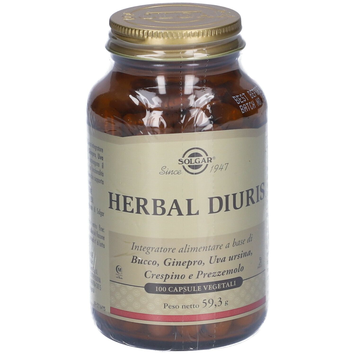 Flacone di vetro marrone con tappo dorato. Etichetta "SOLGAR Herbal Diuris". Contiene 100 capsule, 59,3 g.
