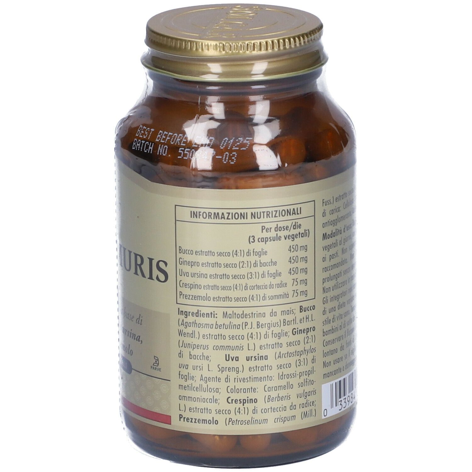 Retro di un flacone di vetro marrone. Etichetta con informazioni nutrizionali per "HERBAL DIURIS". Testo in italiano.