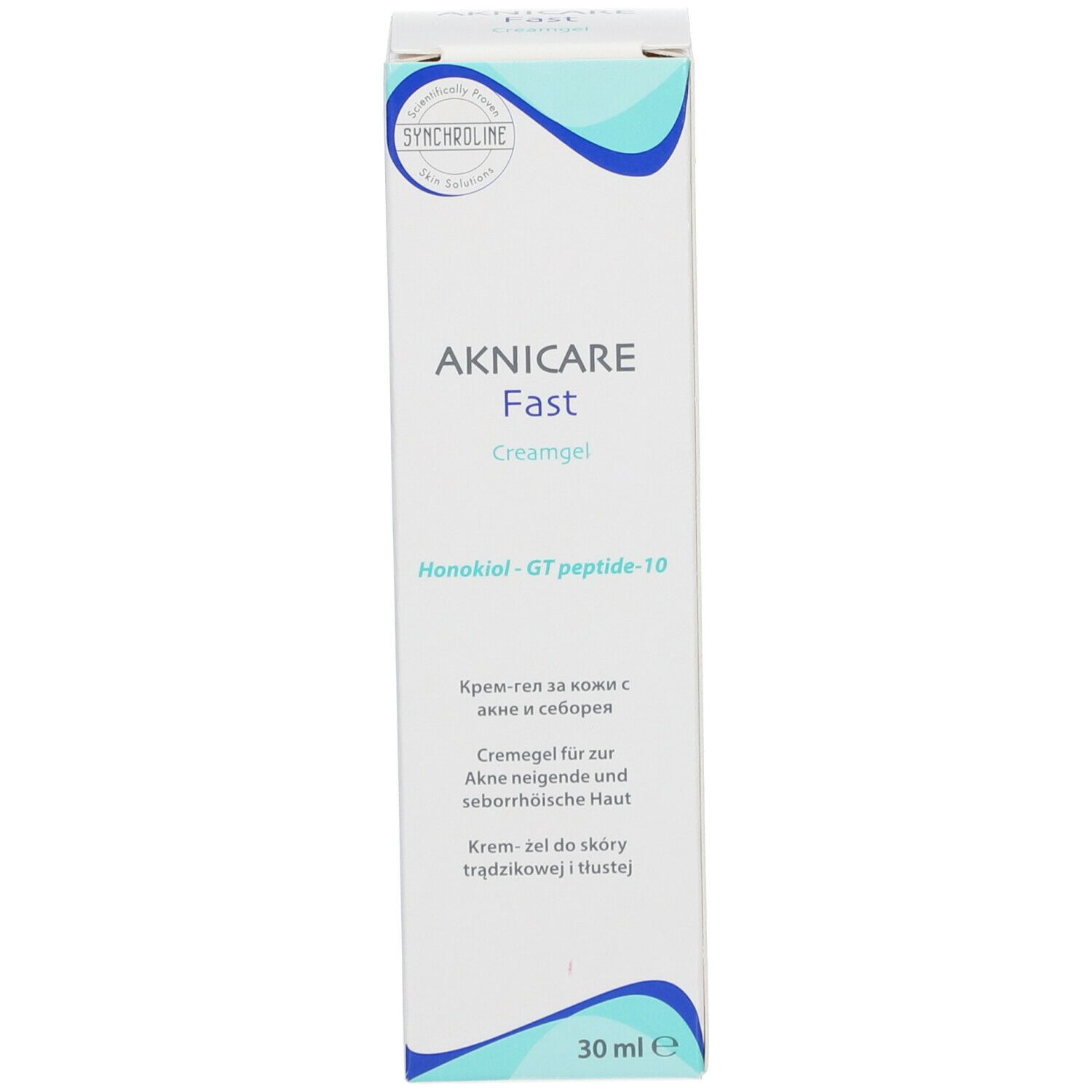 Confezione di crema-gel AKNICARE Fast. Bianco, blu. 30 ml. Testo multilingue.