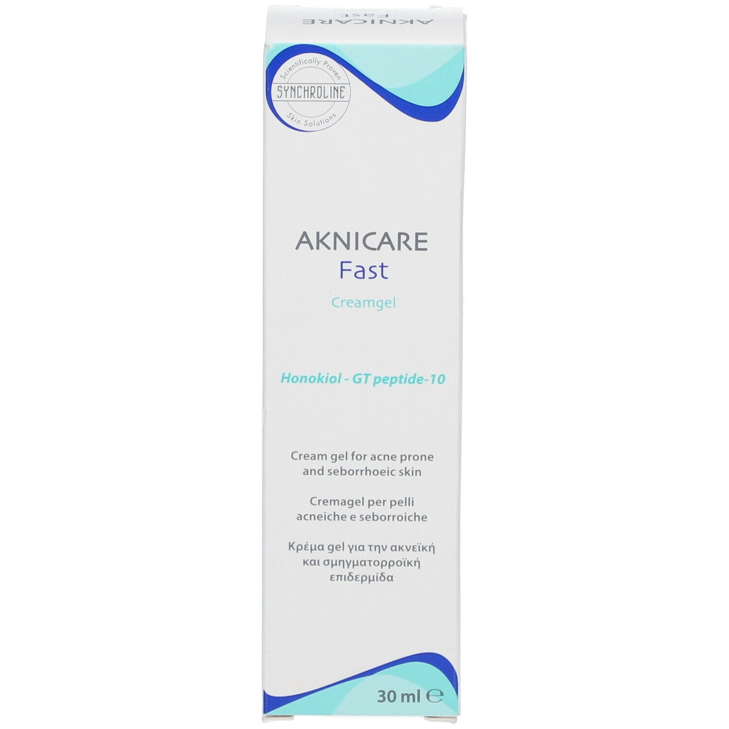 Confezione di crema-gel AKNICARE Fast. Bianco, blu. 30 ml. Testo multilingue.