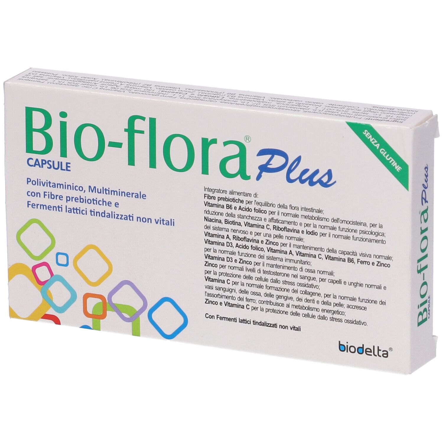 Confezione di capsule Bio-flora Plus. Contiene informazioni sugli ingredienti e sui valori nutrizionali. Quadrati multicolori.