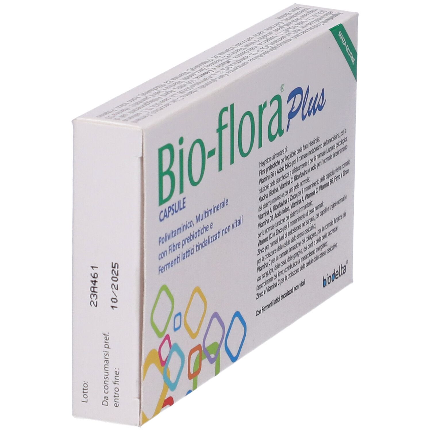 Confezione di capsule Bio-flora Plus. Vista laterale. Contiene informazioni sugli ingredienti e la data di scadenza. Sfondo bianco.