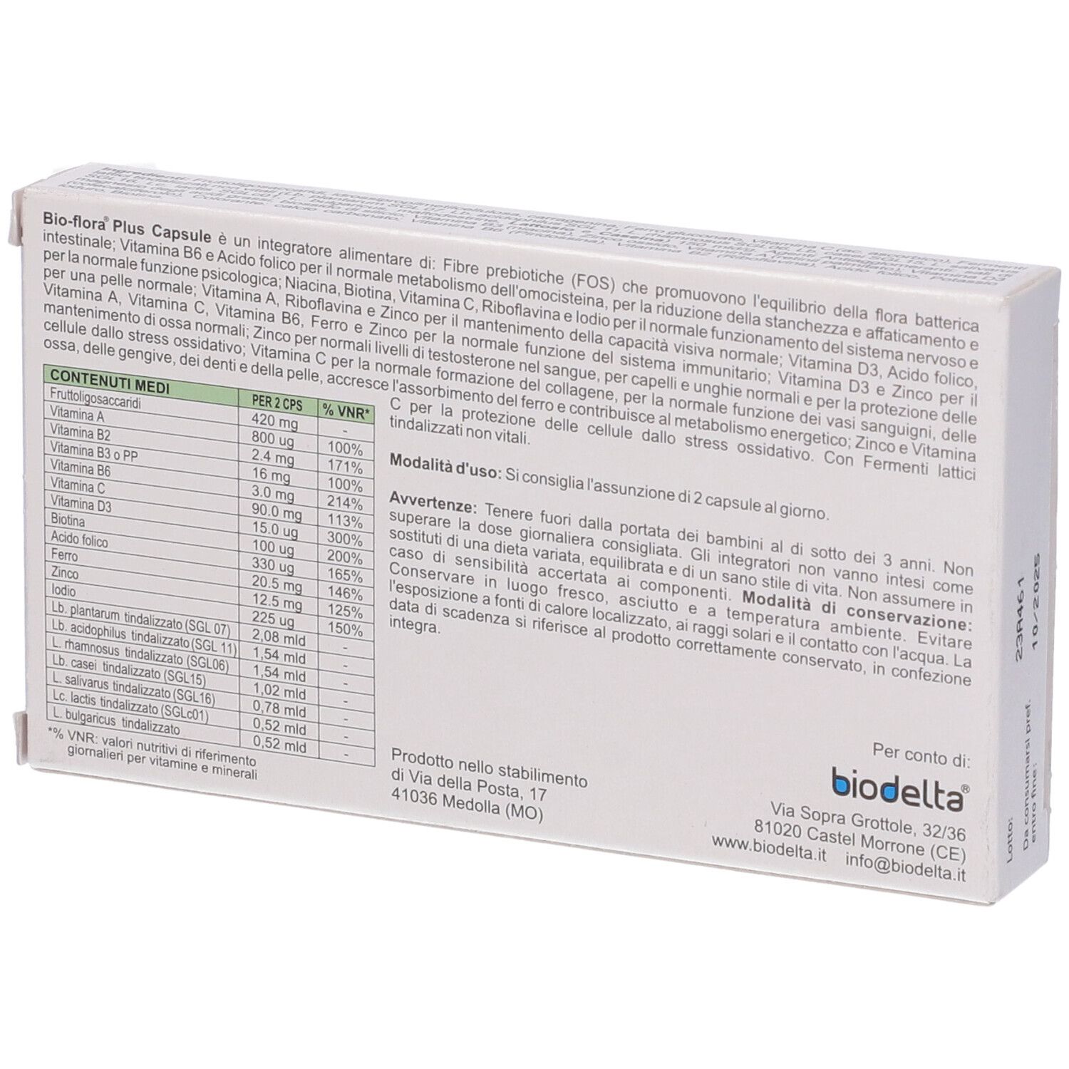 Retro della confezione di capsule Bio-flora Plus. Contiene informazioni sugli ingredienti e sui valori nutrizionali. Sfondo bianco.