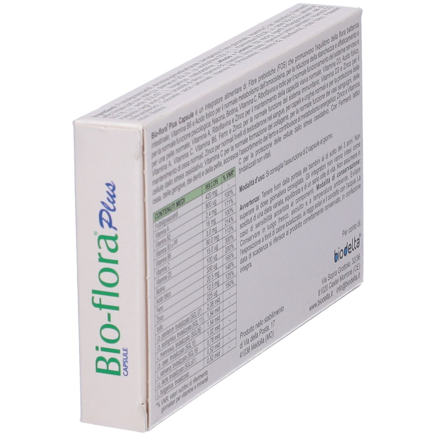 Vista laterale della confezione di capsule Bio-flora Plus. Contiene informazioni sugli ingredienti e sui valori nutrizionali. Sfondo bianco.