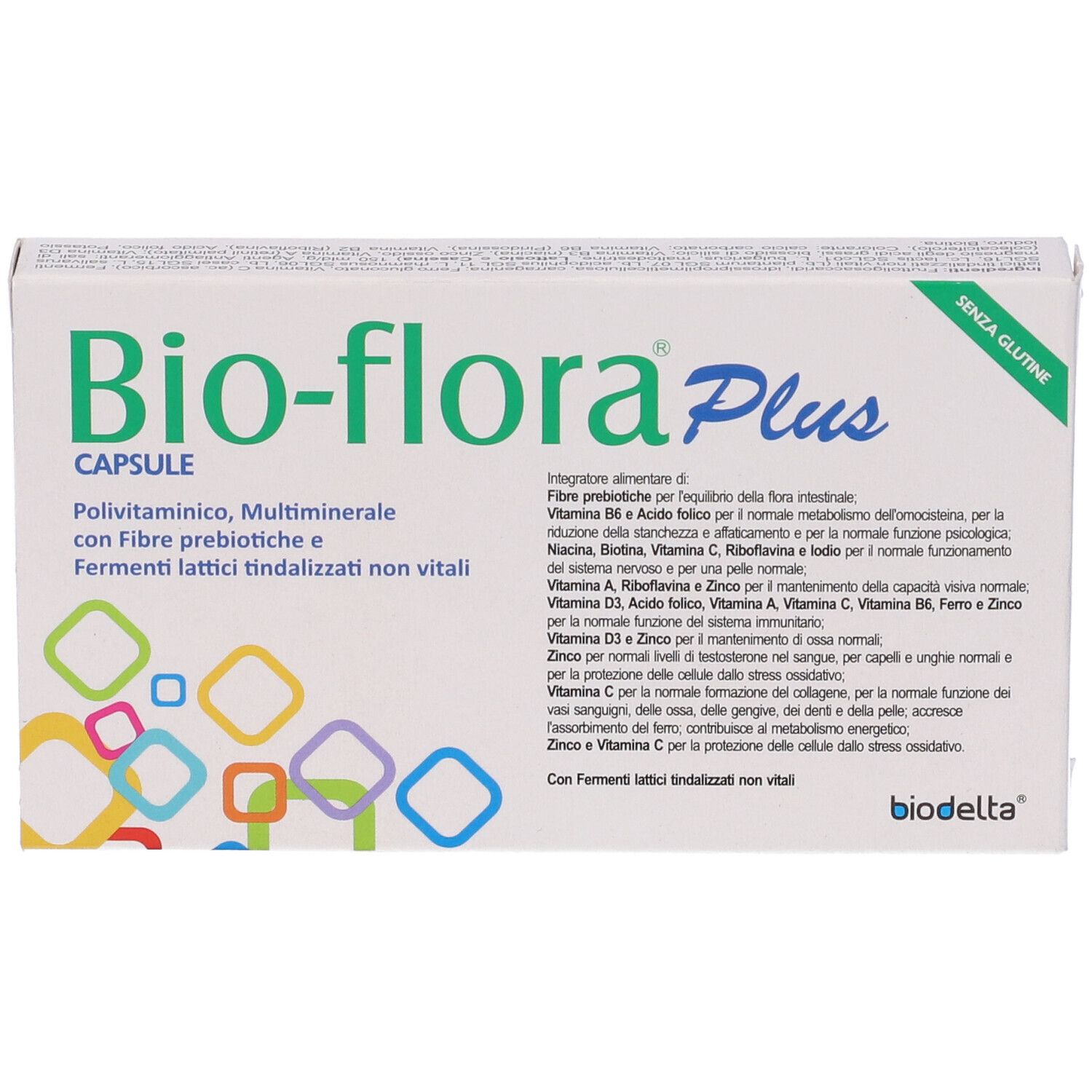 Confezione di capsule Bio-flora Plus. Contiene informazioni sugli ingredienti e sui valori nutrizionali. Quadrati multicolori.
