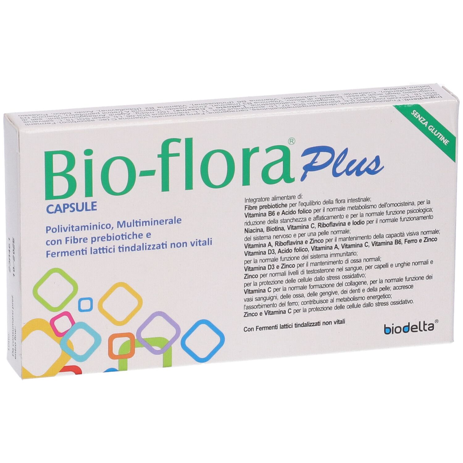 Confezione di capsule Bio-flora Plus. Contiene informazioni sugli ingredienti e sui valori nutrizionali. Quadrati multicolori.