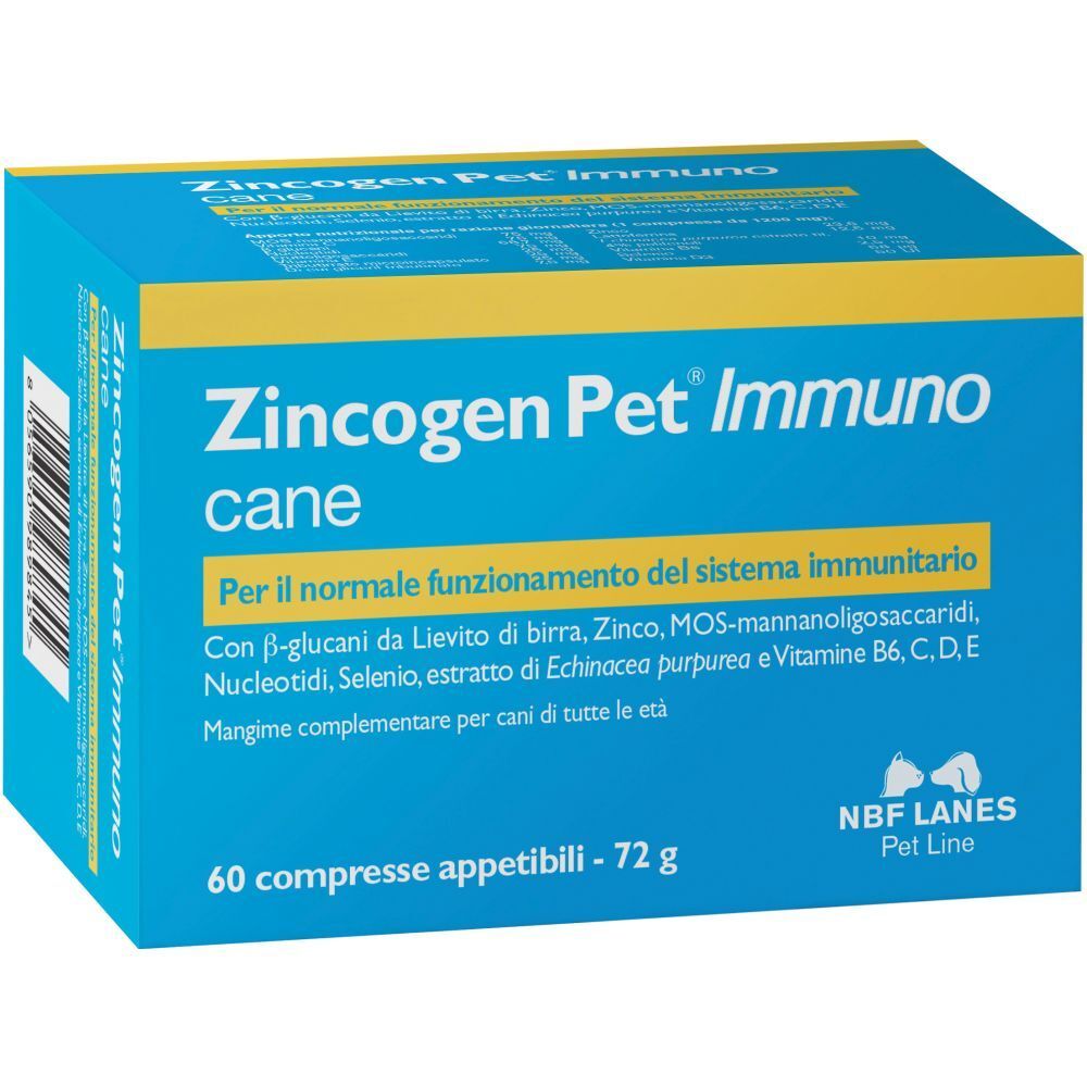 Scatola blu e gialla con nome del prodotto. Testo: Zincogen Pet Immuno cane. 60 compresse. NBF Lanes.