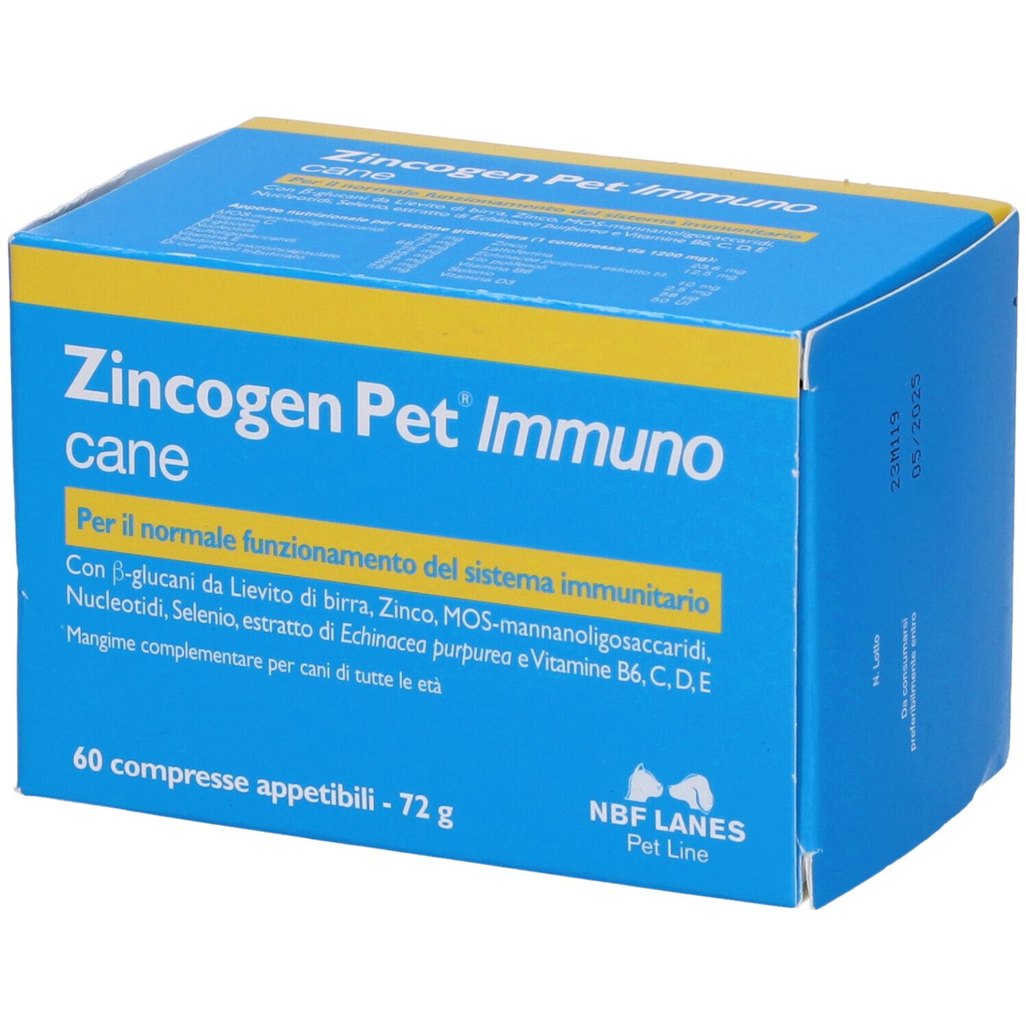 Scatola blu e gialla con nome del prodotto. Testo: Zincogen Pet Immuno cane. 60 compresse. NBF Lanes.