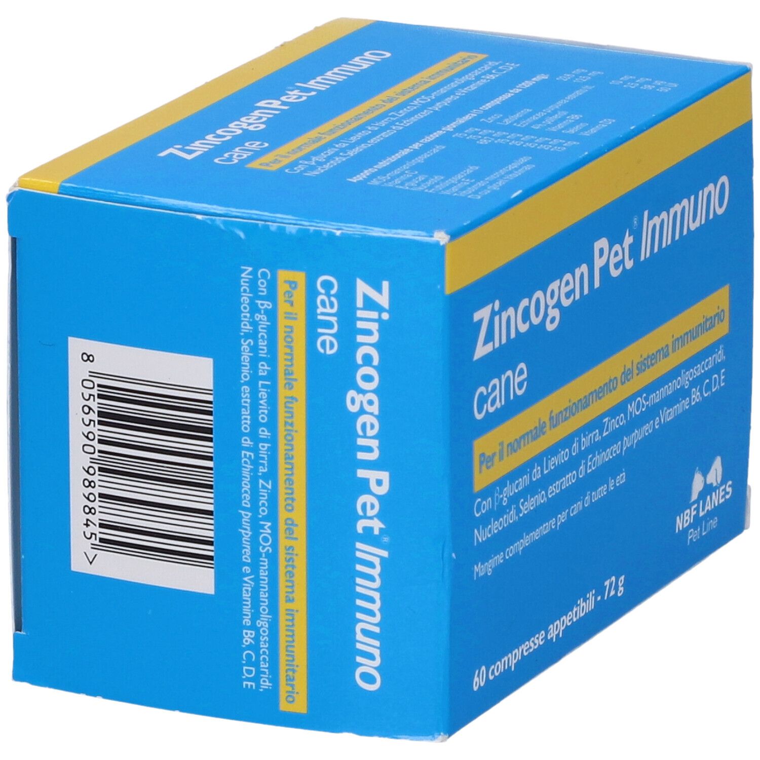 Scatola blu e gialla con nome del prodotto. Testo: Zincogen Pet Immuno cane. 60 compresse. NBF Lanes.