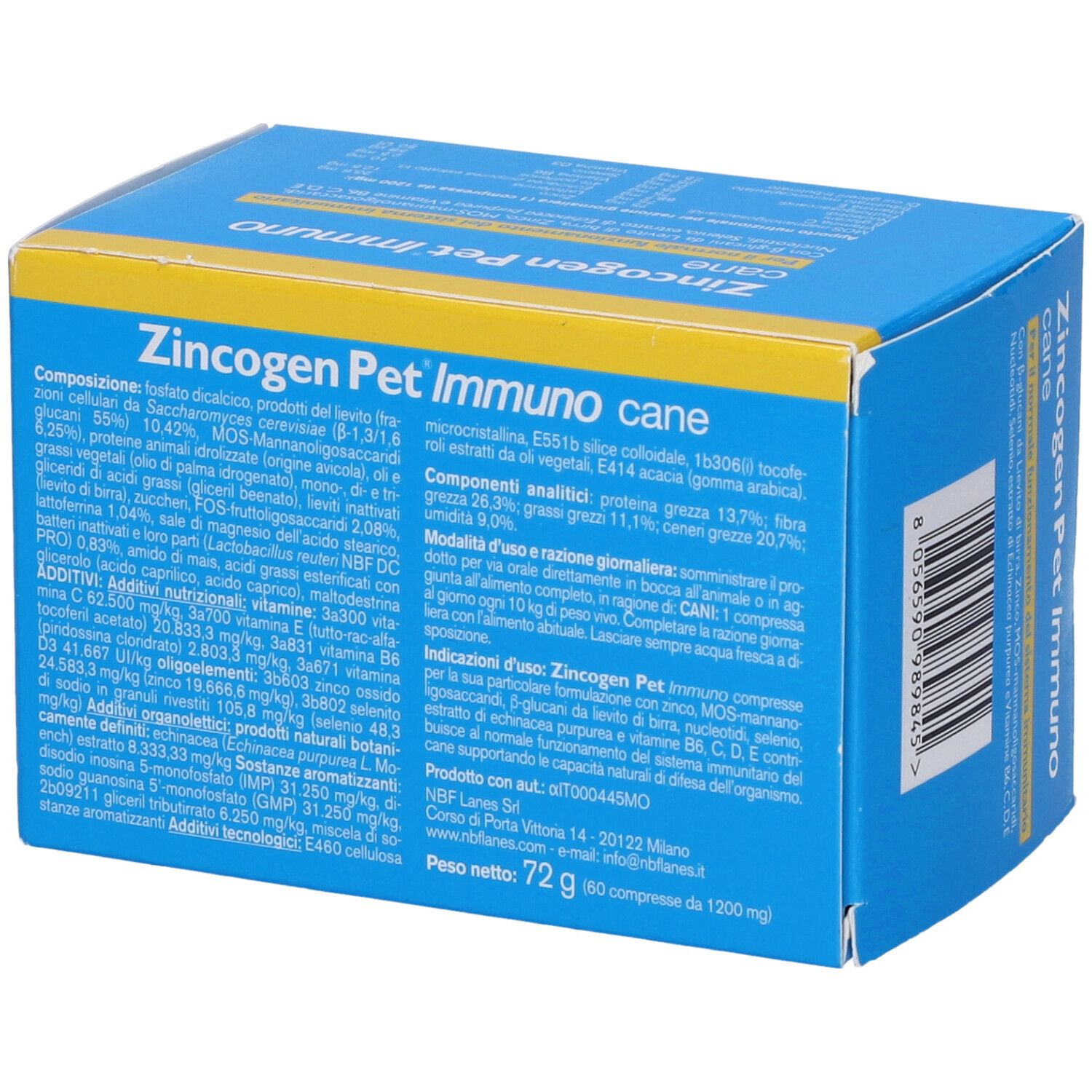 Scatola blu e gialla con nome del prodotto. Testo: Zincogen Pet Immuno cane. 60 compresse. NBF Lanes.