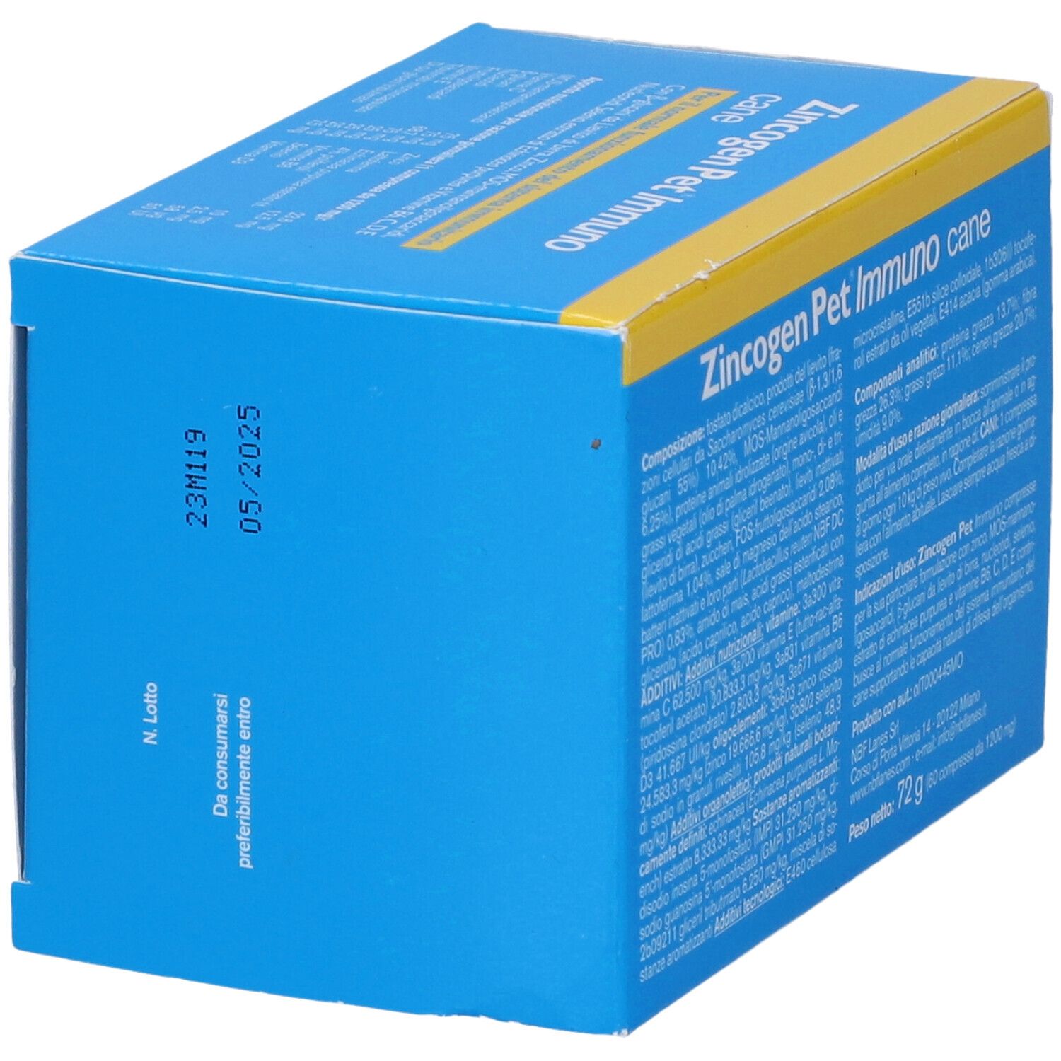 Scatola blu e gialla con nome del prodotto. Testo: Zincogen Pet Immuno cane. 60 compresse. NBF Lanes.