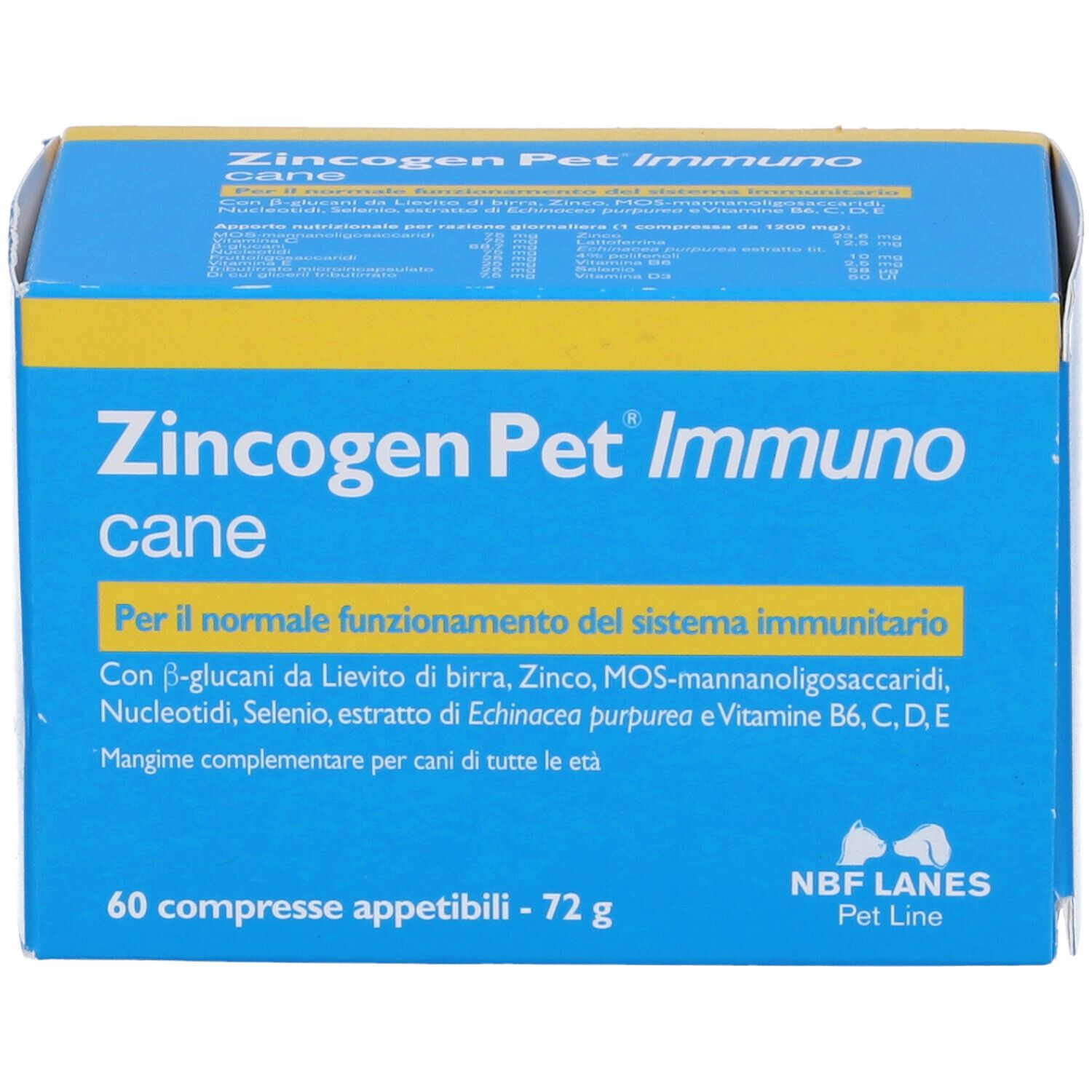 Scatola blu e gialla con nome del prodotto. Testo: Zincogen Pet Immuno cane. 60 compresse. NBF Lanes.