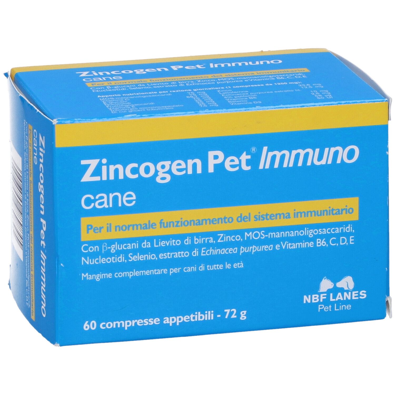 Scatola blu e gialla con nome del prodotto. Testo: Zincogen Pet Immuno cane. 60 compresse. NBF Lanes.