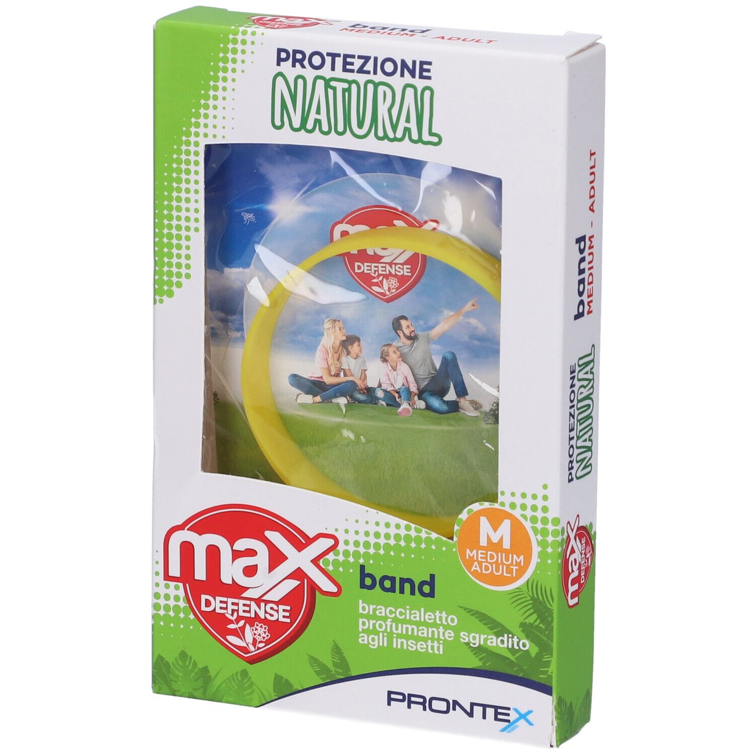 Confezione con braccialetto giallo. Scritte: "max DEFENSE", "NATURAL", "MEDIUM - ADULT".